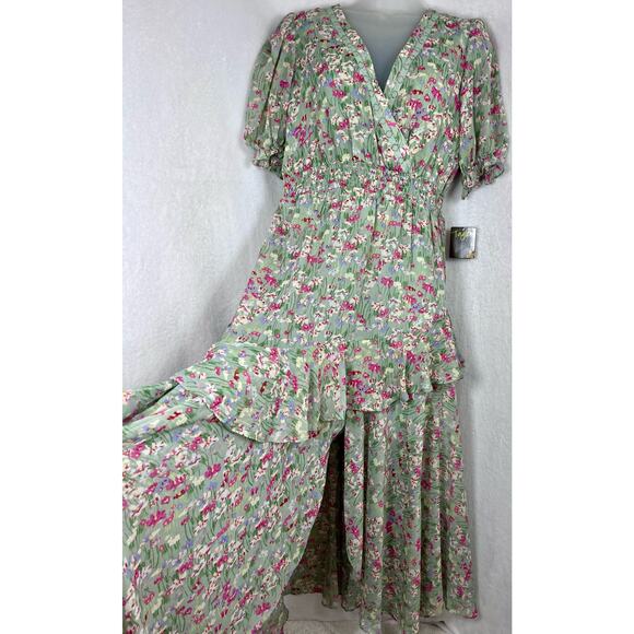 NEW Taylor Floral Print Chiffon Smocked A Line Summer Spring Dress Green Sz 8 - Picture 5 of 14